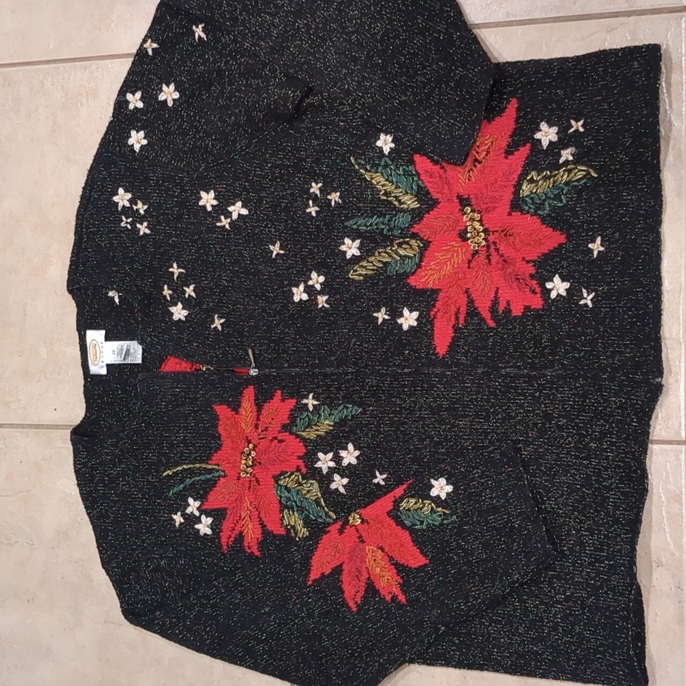 Talbots Vintage Holiday Pointsetta Cardigan Size 2X